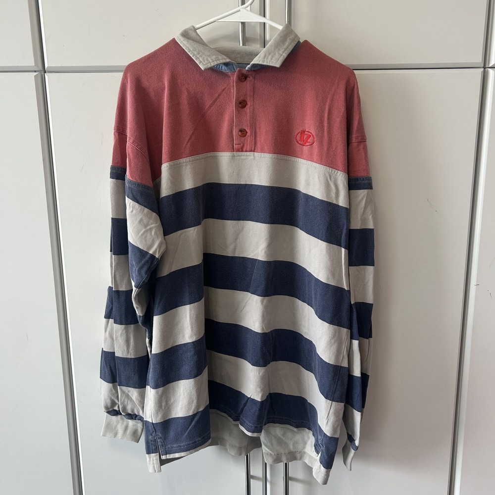 Vintage Line 7 Rugby Shirt Mens Large Red Blue Striped Long Sleeve Polo NZ Made